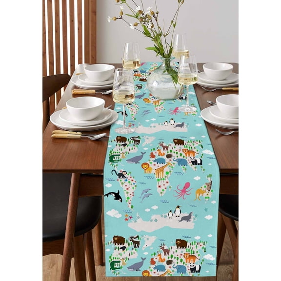 Abstract Map Cartoon Animals Table Runner 13x36in Non-Slip Cotton Linen Table Runners, Blue Ocean Cloud Palm Tree Dresser Scarves TableRunner for Dinner Kitchen Dining Wedding Party