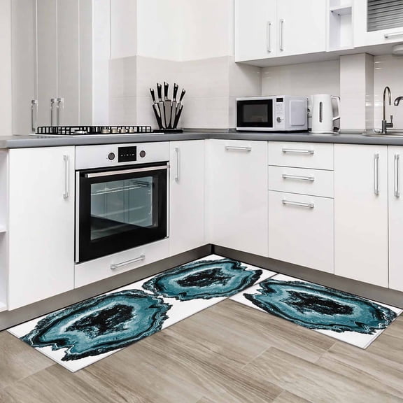 Abstract Marble 2 Pieces Non-Slip Kitchen Mat Set Vintage Teal Aesthetic Agate Texture Soft Door Mat with Rubber Backing,Dirtproof Rugs for Entrance Doorway 19.7x31.5in+19.7x63in
