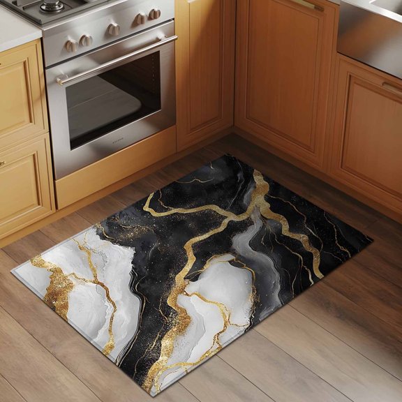 Abstract Marble 2x3 Rug for Entryway Front Door Kitchen Sink Area, Gold Texture Simple Black White Modern Low Pile Washable Non Slip Rectangle Area Rug