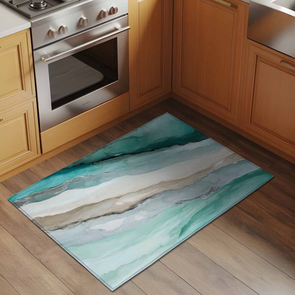 Abstract Marble 2x3 Rug for Entryway Front Door Kitchen Sink Area, Texture Cyan Brown Gradient Waves Low Pile Washable Non Slip Rectangle Area Rug