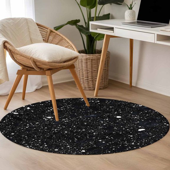 Abstract Marble 3.3ft Round Rug for Bedroom Reading Corner, Black Texture Star Sky Decoration Washable Non Slip Circle Area Rug