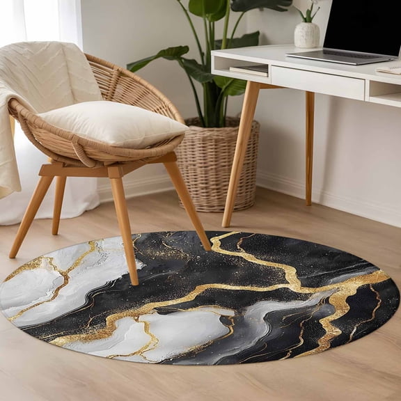Abstract Marble 3.3ft Round Rug for Bedroom Reading Corner, Gold Texture Simple Black White Modern Washable Non Slip Circle Area Rug