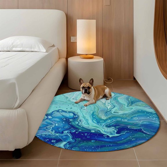 Abstract Marble 3ft Round Rug for Bathroom Accent Bedside Corner, Turquoise Green Gradient Ocean Wave Texture Washable Non Slip Circle Area Rug for Small Spaces