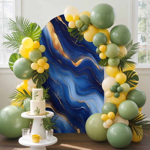 Abstract Marble Arch Backdrop Cover, 7.2FT, Gold Texture Modern Blue Simple Spandex Arch Covers Double-Sided Backdrop for Wedding Birthday Party Photo Background Decoration