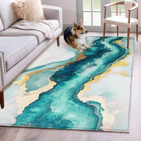 Abstract Marble Area Rug 4'x6', Turquoise Abstract Golden Foil Texture Washable Non-Slip Rugs, Low Pile Large Carpet for Living Room Bedroom Dining Room Kitchen Office Indoor Mat