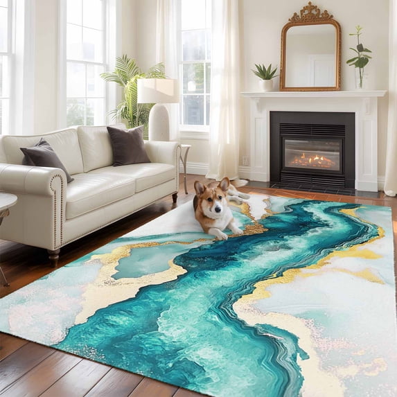 Abstract Marble Area Rug 5x7 FT, Non Slip Bedroom Throw Carpet, Turquoise Abstract Golden Foil Texture Washable Soft Floor Carpet Non-Shedding Rug for Dining Room Bedside Classroom Desk