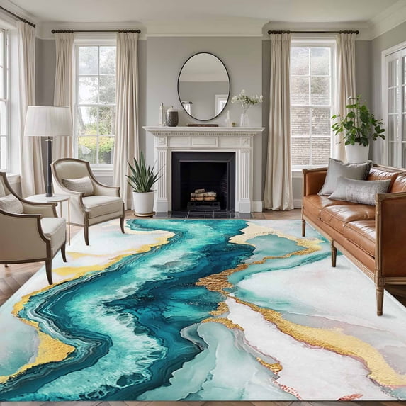 Abstract Marble Area Rug 6x9 FT, Non Slip Living Room Throw Carpet, Turquoise Abstract Golden Foil Texture Washable Soft Large Floor Carpet Non-Shedding Rug for Bedroom Dining Room Play Room
