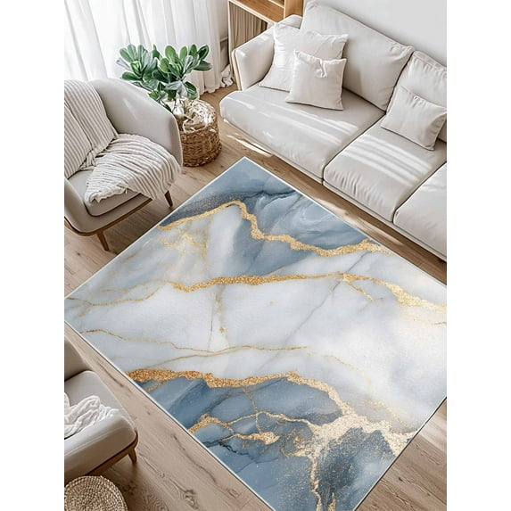 Abstract Marble Area Rug for Bedroom 2.7x5 Ft Navy Blue Gold Gradient Wave Texture Super Soft fuzzy Throw Rug Non-Slip Fluffy Plush Indoor Floor Carpet for Living Room Nursery Home Decor