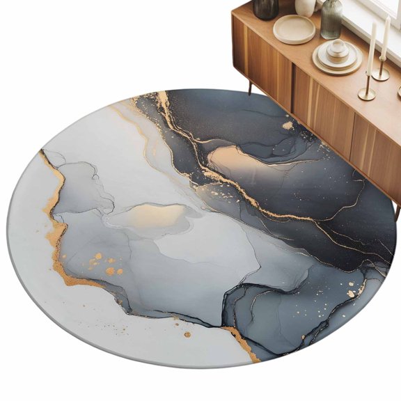 Abstract Marble Area Rug, Black Gradient Gold Crack Texture Art Non-Slip Felt Rubber Backing Round Indoor Carpet Washable Rugs for Living Room Bedroom 7ft