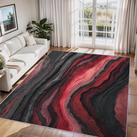 Abstract Marble Area Rug Black Red Texture Carpet Washable Non Slip Soft Living Room Bedroom Entrance Mat 2x3ft