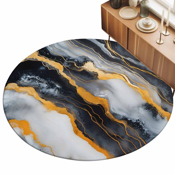 Abstract Marble Area Rug, Black White Gold Gradient Texture Non-Slip Felt Rubber Backing Round Indoor Carpet Washable Rugs for Living Room Bedroom 5ft