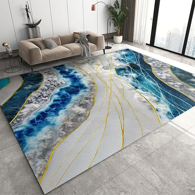 Abstract Marble Area Rug Classroom Rug, Blue Grey Gold Rectangle Carpet