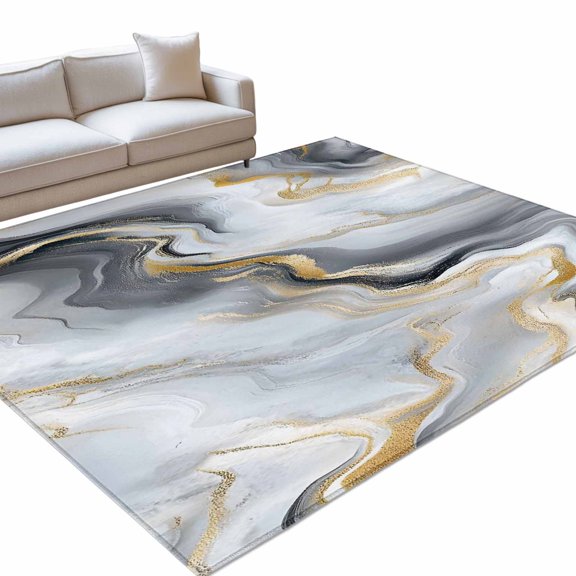 Abstract Marble Area Rug, Gradient Black White Gold Texture Non-Slip Felt Rubber Backing Rectangle Indoor Carpet Washable Rugs for Living Room Bedroom 5x8ft