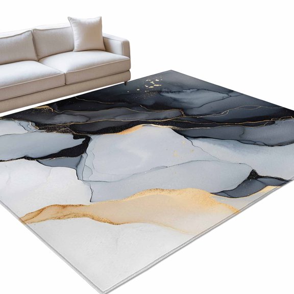 Abstract Marble Area Rug, Gray Black Gradient Gold Crack Texture Art Non-Slip Felt Rubber Backing Rectangle Indoor Carpet Washable Rugs for Living Room Bedroom 5x8ft