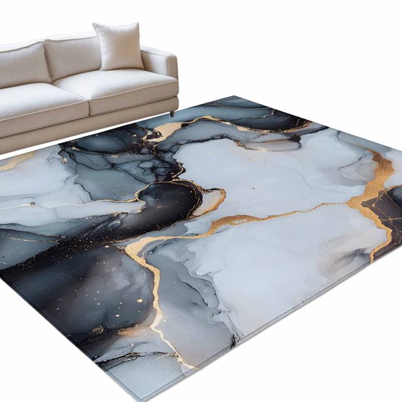Abstract Marble Area Rug, Gray White Gradient Gold Crack Texture Art Non-Slip Felt Rubber Backing Rectangle Indoor Carpet Washable Rugs for Living Room Bedroom 3x5ft