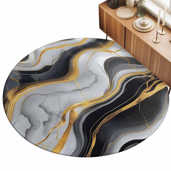 Abstract Marble Area Rug, Modern Black Gold Texture Simple Style Non-Slip Felt Rubber Backing Round Indoor Carpet Washable Rugs for Living Room Bedroom 5ft
