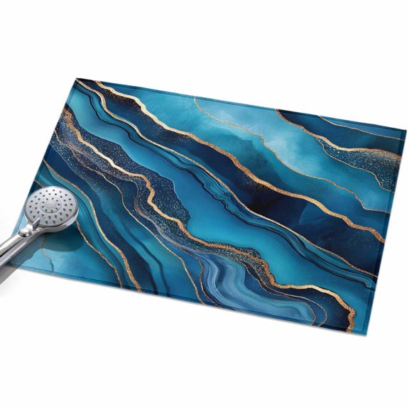 Abstract Marble Area Rug, Teal Gold Gradient Wave Texture Non-Slip Felt Rubber Backing Rectangle Indoor Carpet Washable Rugs for Living Room Bedroom 2x3ft