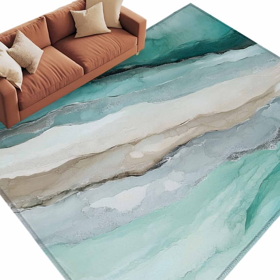 Abstract Marble Area Rug, Texture Cyan Brown Gradient Waves Rectangular ...