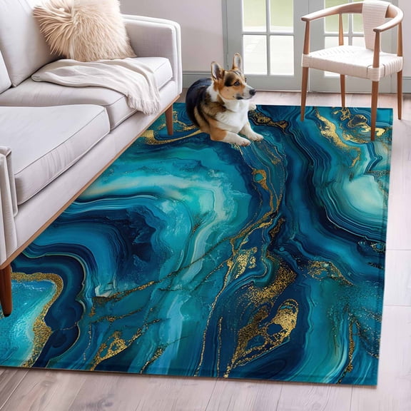 Abstract Marble Area Rugs 3x5 ft Teal Green Gold Gradient Wave Texture Washable Rug Non Slip Indoor Carpet Absorbent Floor Mat for Living Room Bedroom Dining Room