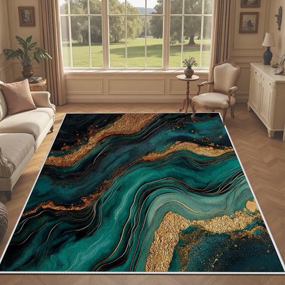 Abstract Marble Area Rugs for Living Room, Emerald Green Gold Luxury Modern Rug, Fluid Art Rugs, Low Pile Non-Slip Soft Washable Floor Mat Carpet for Dining Room Office 1x2ft
