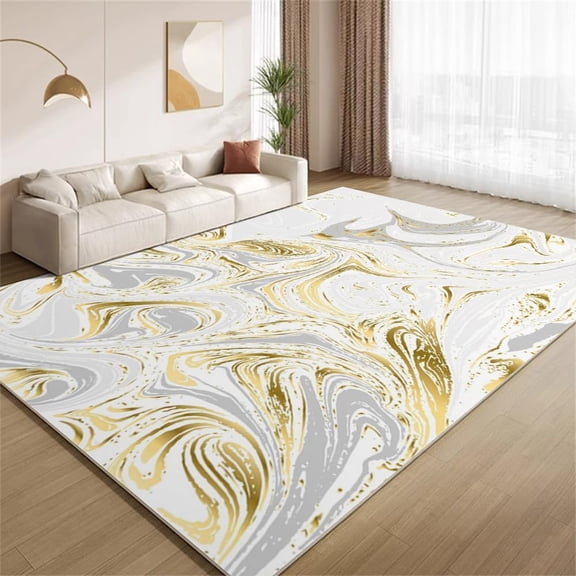 Abstract Marble Area Rugs, White Gold Fluid Foil Design Carpet, Washable Non Slip Low Pile Soft Rug for Living Room Bedroom Entry Decor Mat 5ftx8ft