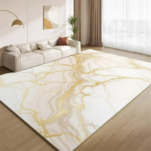 Abstract Marble Area Rugs, White Gold Wave Design Carpet, Washable Non Slip Low Pile Soft Rug for Living Room Bedroom Playroom Decor Mat 3ftx5ft