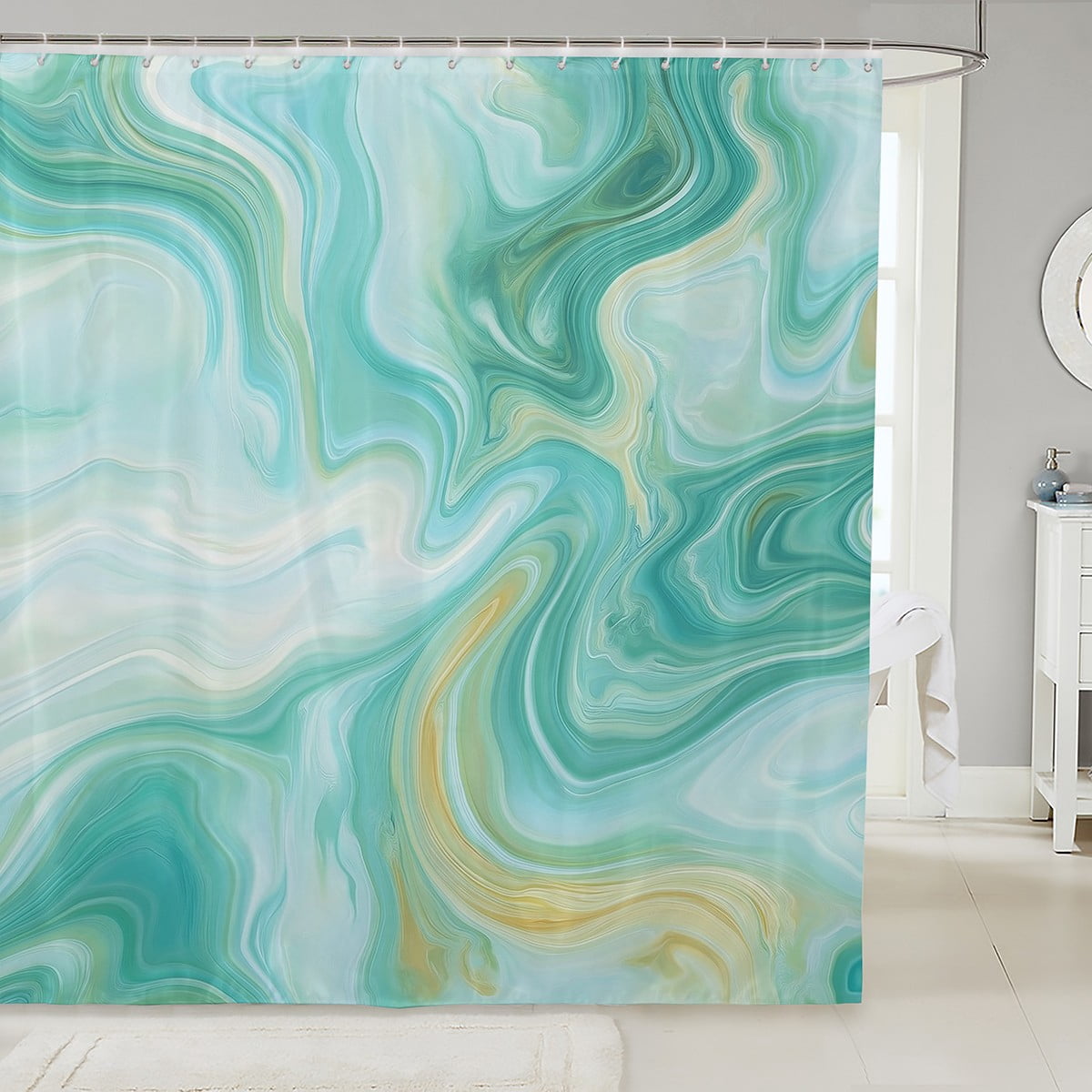 Abstract Marble Art Bath Curtain Green Golden Marble 72"Wx72"L Bathroom ...