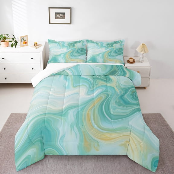 Abstract Marble Art Bedding Set Green Golden Marble Down Comforter For Women Men,Gradient Marbling Queen Comforter Set Modern Simple Stone Grain Watercolor Bed Set