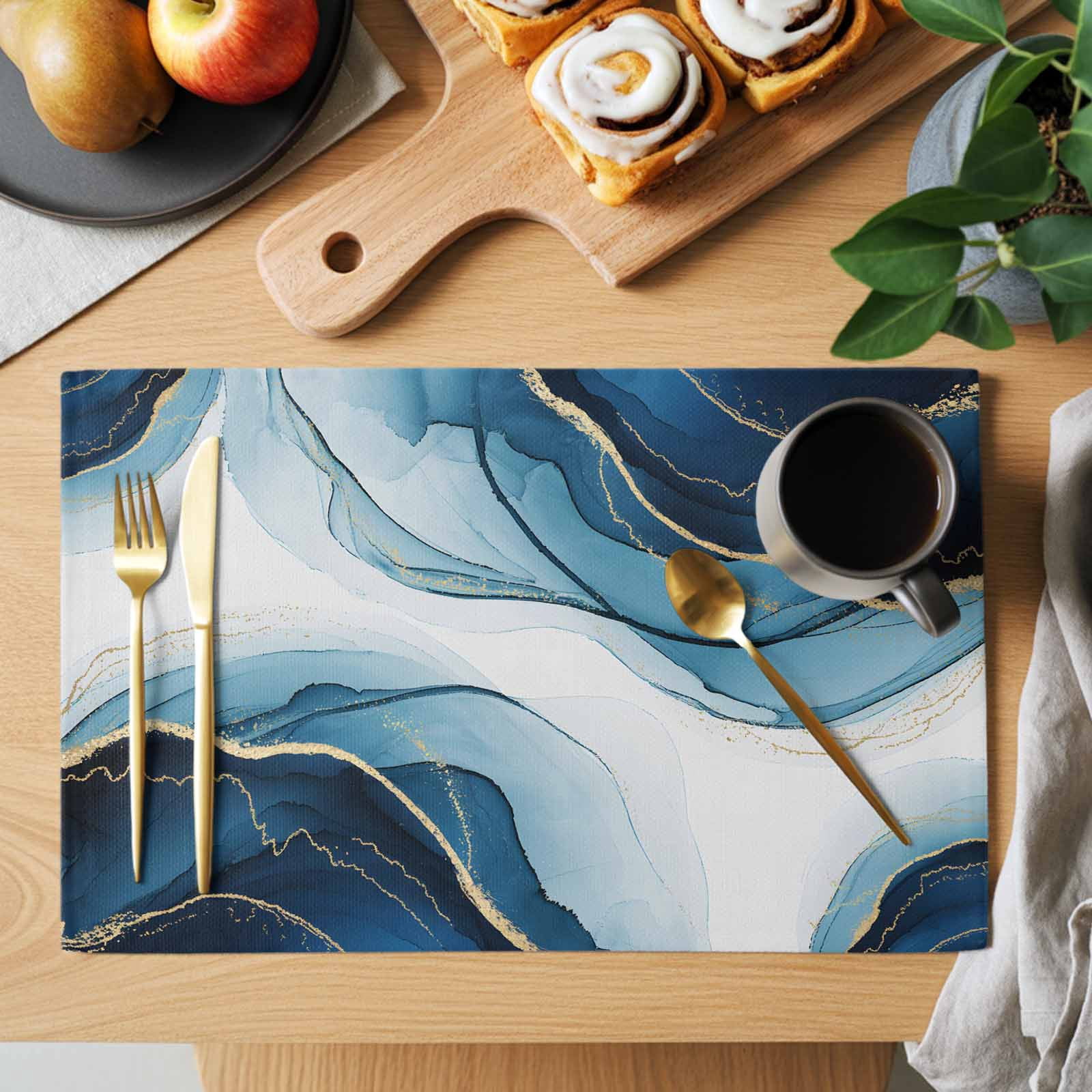 Table Throw Radiating Gradient Abstract Marble Art Placemats Set of 6, Blue Gold Gradient Waves Modern ...