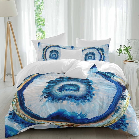 Abstract Marble Art Queen Size Comforter Set, Manau Blue White Decoration Bedding for All Seasons, 4 Pcs Bed Set, 1Quiltcover (90"x92") ,1Sheet(94"x116"), 2Pillowcases (30"x20")