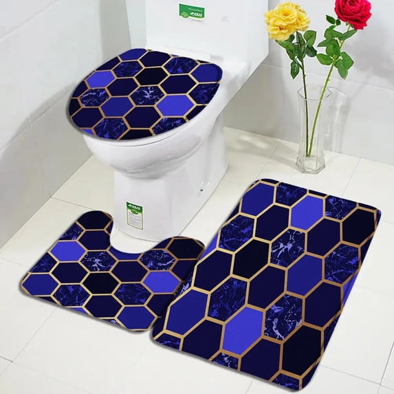 Abstract Marble Bath Mat Set Blue Gold Lines Creative Modern Minimalist Bathroom Decor Carpet Non-slip Rug Toilet Lid Cover