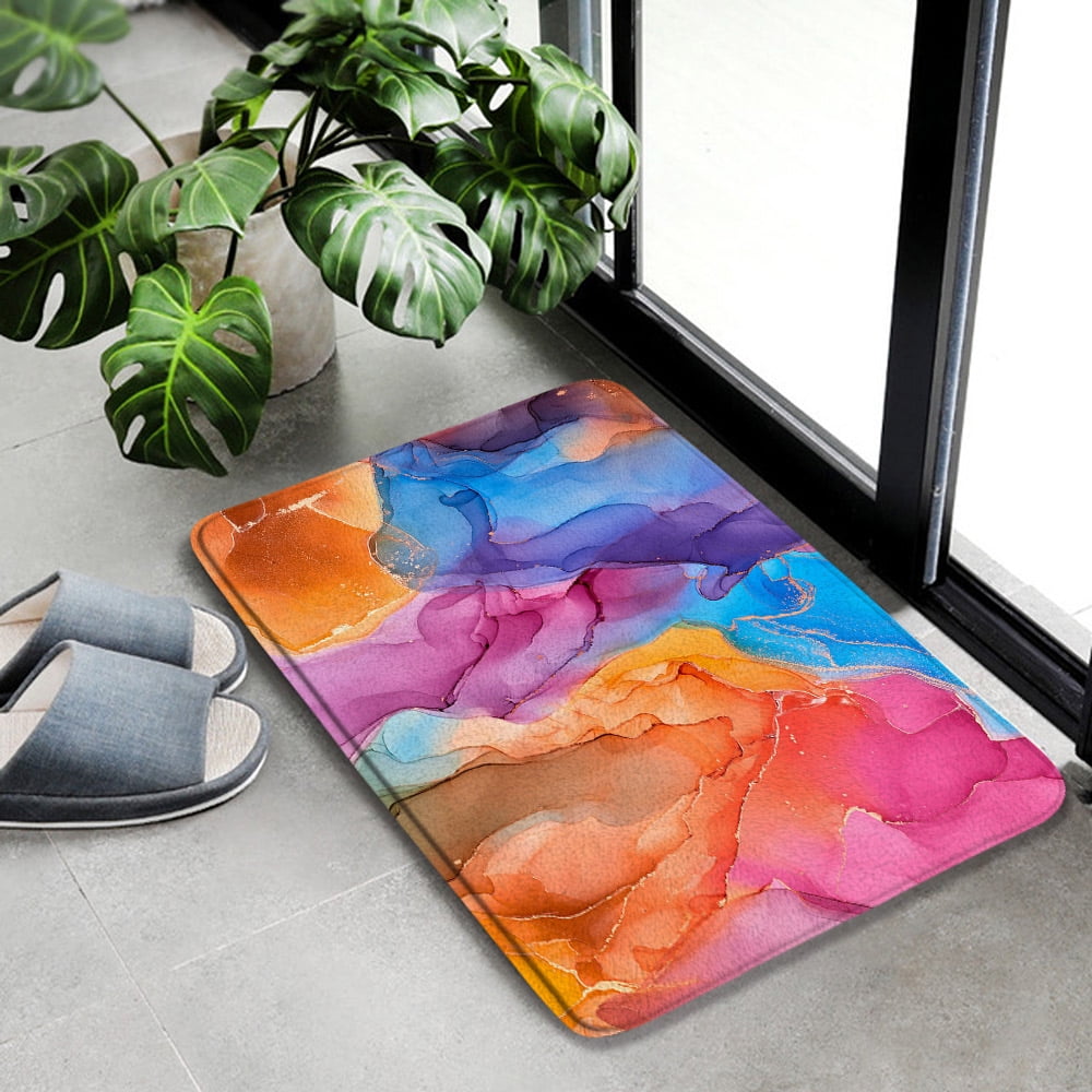 Abstract Marble Bath Mat Set Blue Green Geometric Watercolour Art