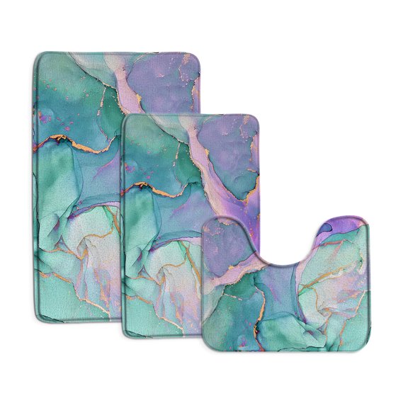 Abstract Marble Bath Mat Set Blue Pink Textured Pattern Modern Art Home Floor Carpet Bathroom Decor Non-Slip Rugs U-shape Mats