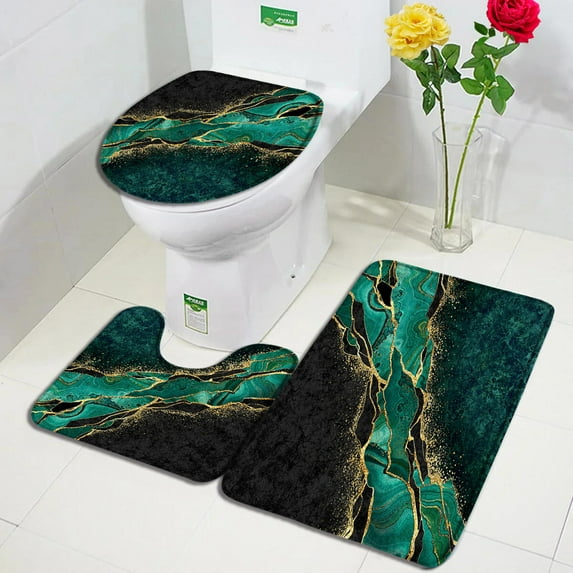 Abstract Marble Bath Mat Set Gold Line Blue Geometric Art Modern Home Room Carpet Bathroom Decor Anti-slip Rugs Toilet Lid Cover