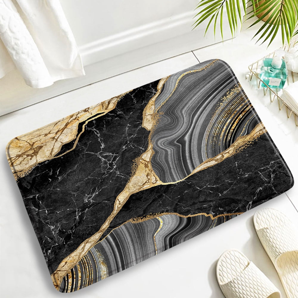 Abstract Marble Bath Mat Set Gold Lines Black Green Textured Pattern ...