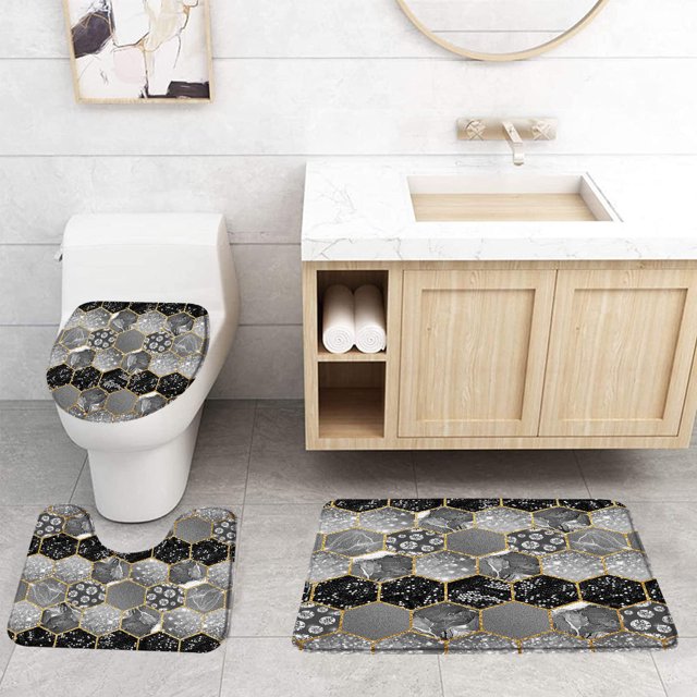 Abstract Marble Bath Mat Set Green Textured GoldPattern Modern Home