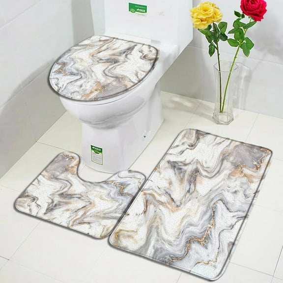 Abstract Marble Bath Mat Set Grey Gold Textured Pattern Modern Minimalist Bathroom Decor Carpet Non-Slip Rugs Toilet Lid Cover