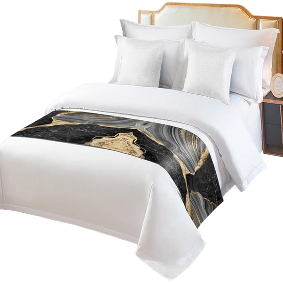 Abstract Marble Bed Runner Scarf King Size, Luxury Bed Throw Runners & Scarves for Twin Full Queen King Foot of Bed, Bedroom Hotel Wedding Room Decoration, ContemporaryBlack Grey Gold 94"x20"