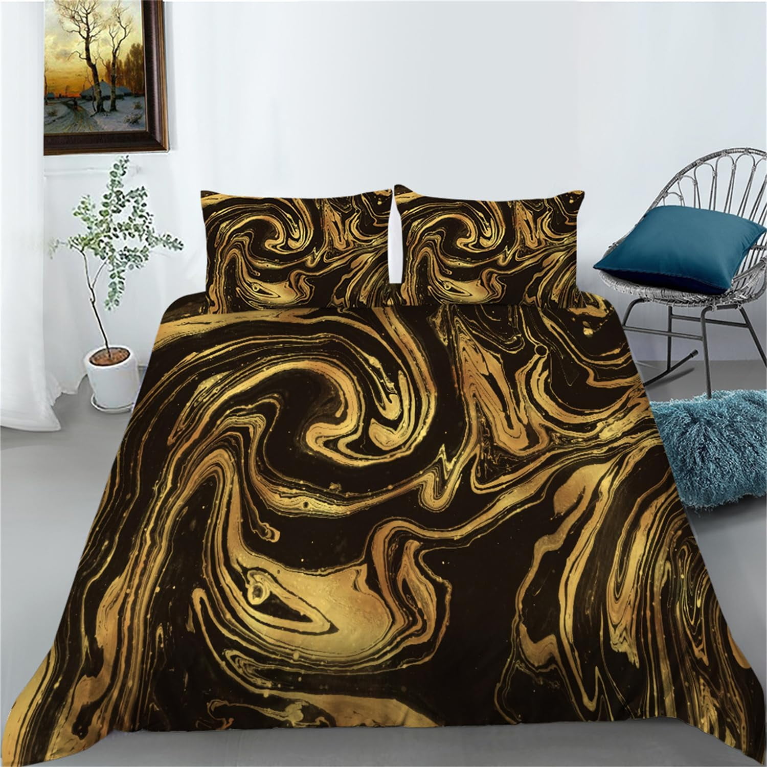 Abstract Marble Bed Set, Twin Size Blue Green Black Duvet Cover, Marble