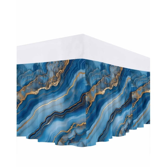 Abstract Marble Bed Skirt King Size 16" Drop Blue Gradient Gold Crack Texture Art Ruffled Wrap Around Bed Skirts Adjustable Elastic Bedskirt Dust Ruffle for King Size Bed