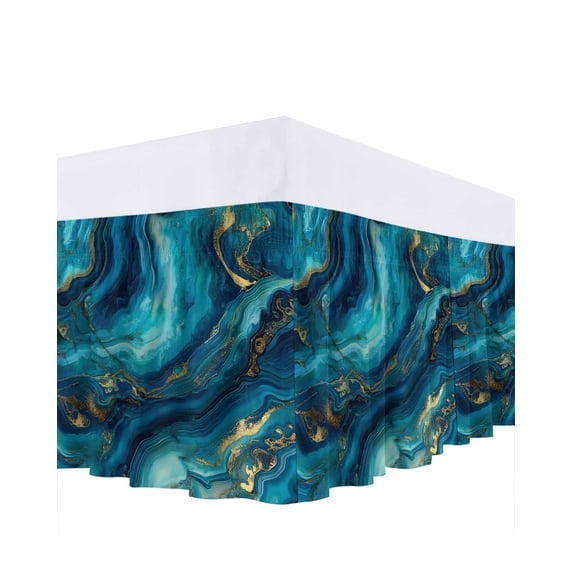 Abstract Marble Bed Skirt King Size 18" Drop Teal Green Gold Gradient Wave Texture Ruffled Wrap Around Bed Skirts Adjustable Elastic Bedskirt Dust Ruffle for King Size Bed