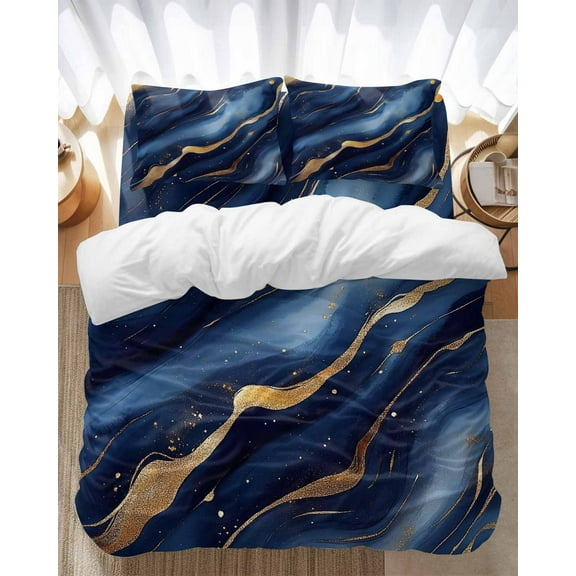 Abstract Marble Bedding Duvet Cover Set Full Size 4 Pieces Gold Navy Texture Modern Style Simple Bedding Set with Zipper Closure, 1 Comforter Cover 86x86 Inches 1 Flat Sheet & 2 Pillow Cases