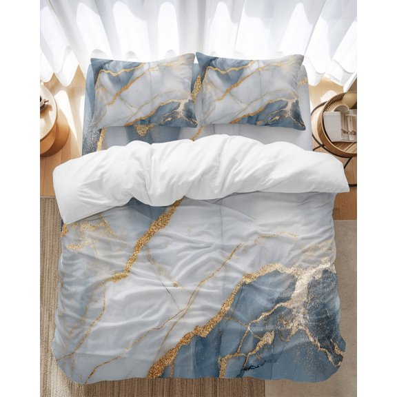 Abstract Marble Bedding Duvet Cover Set Full Size 4 Pieces Navy Blue Gold Gradient Wave Texture Bedding Set with Zipper Closure, 1 Comforter Cover 86x90 Inches 1 Flat Sheet & 2 Pillow Cases