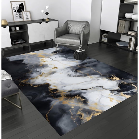 Abstract Marble Black Grey Gold Area Rug, Modern Design Carpet, Washable Non Slip Soft Pile, Living Room Bedroom Dining Room Kitchen Entrance Mat 2x3ft