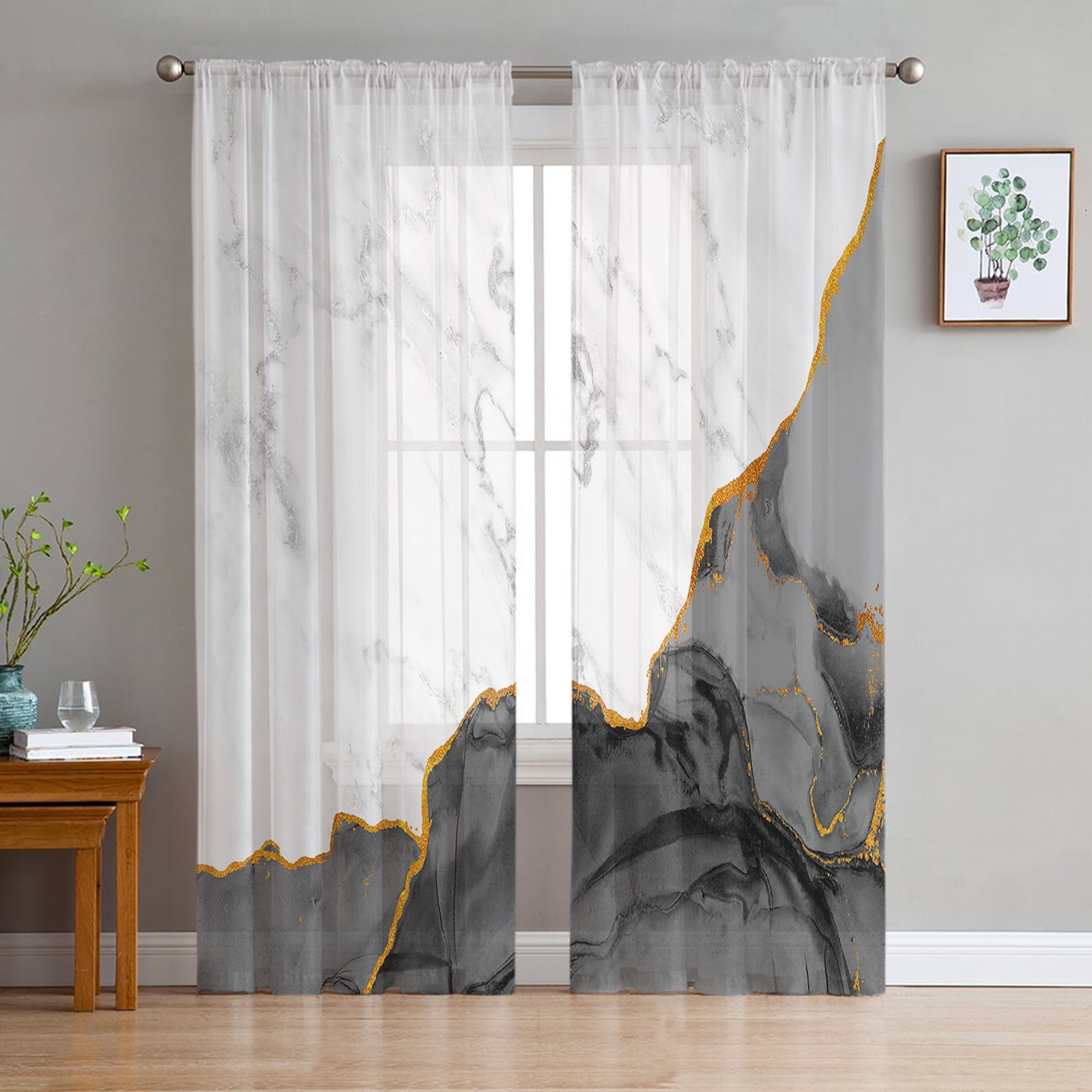 Abstract Marble Blue Tulle Curtains for Living Room Bedroom Modern