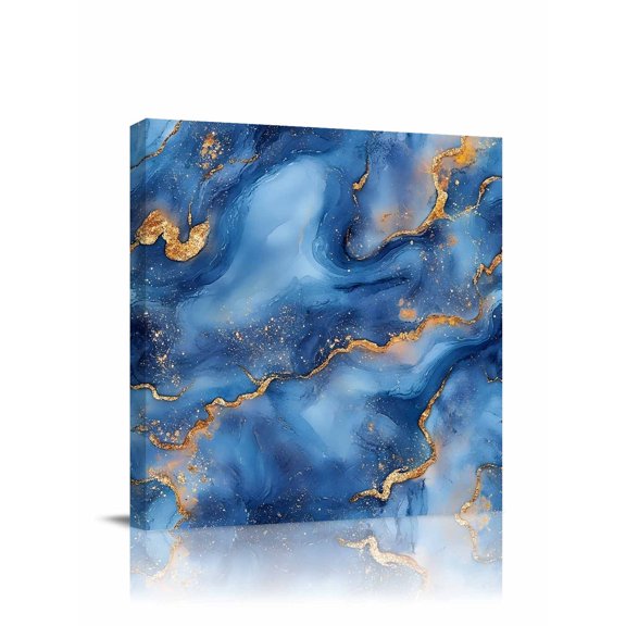 Abstract Marble Canvas Wall Art, Blue Gradient Gold Wave Texture Art Framed Wall Decor Modern Artwork Prints Painting for Living Room, Bedroom, Kitchen & Cafe Decor 8x8 Inch