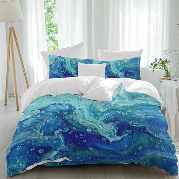 Abstract Marble Comforter Set California King Size, Turquoise Green Gradient Ocean Wave Texture Soft Bedding Set for Man Woman, 4 Pieces Duvet Cover Set with Flat Sheet, 2 Pillowcases