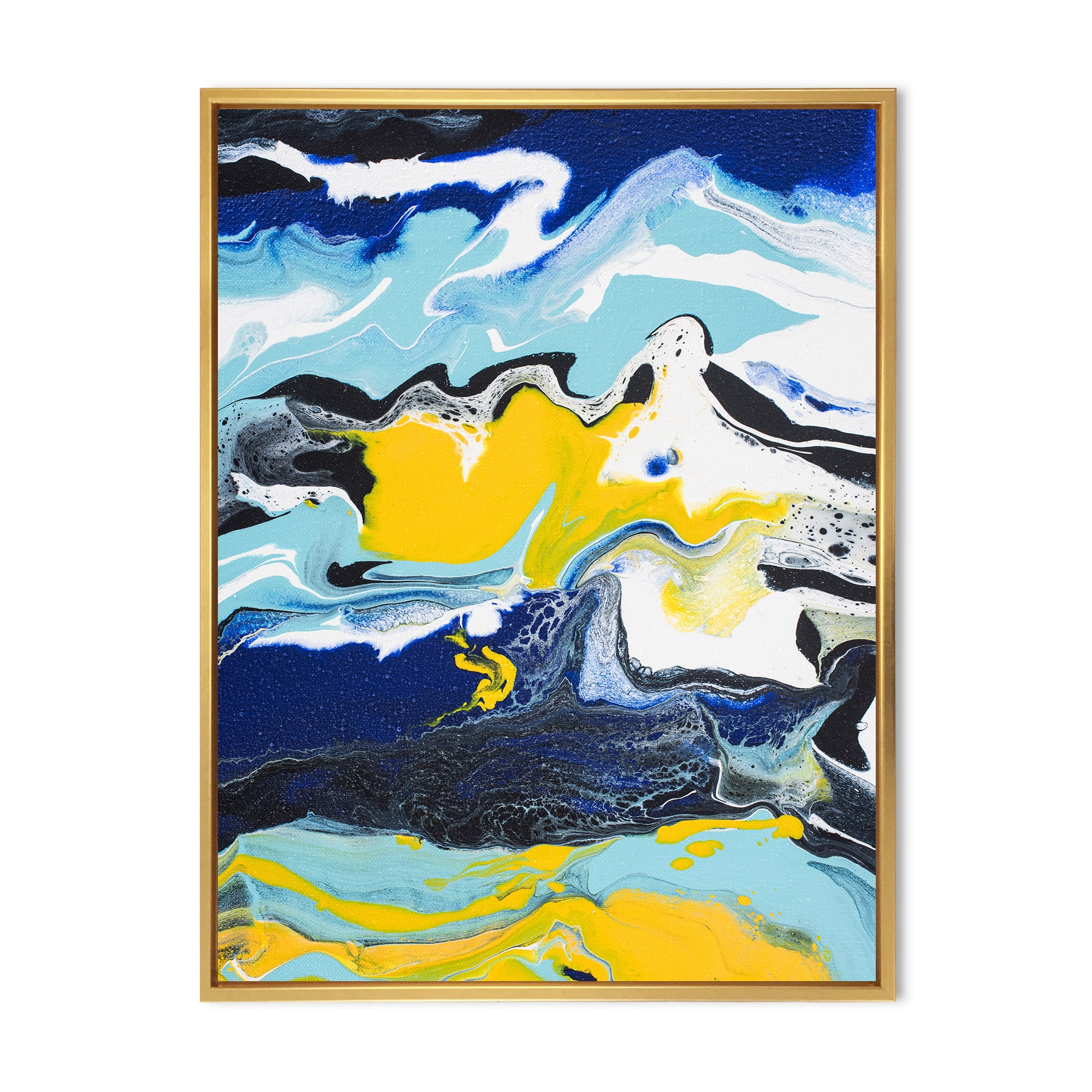 Abstract Marble Composition In Blue and Yellow II 12 in x 20 in Framed Painting Canvas Art Print, by Designart