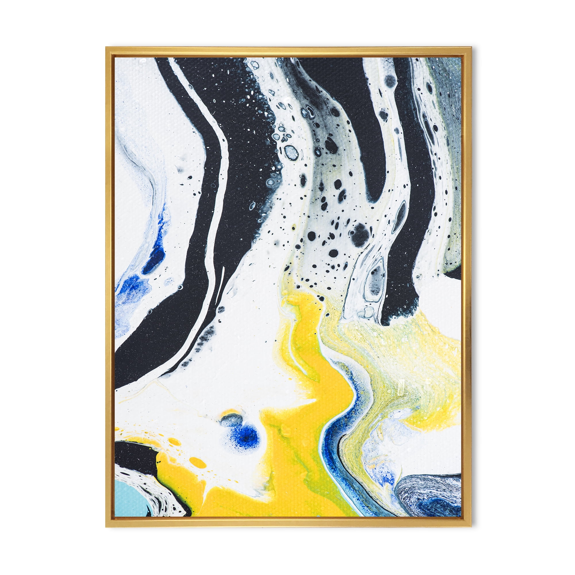 Abstract Marble Composition In Blue and Yellow IV 12 in x 20 in Framed Painting Canvas Art Print, by Designart