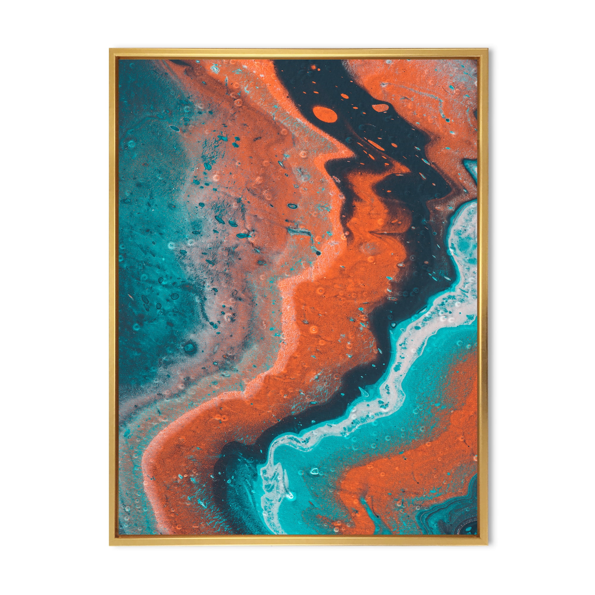 Abstract Marble Composition In Orange and Blue I 12 in x 20 in Framed Painting Canvas Art Print, by Designart